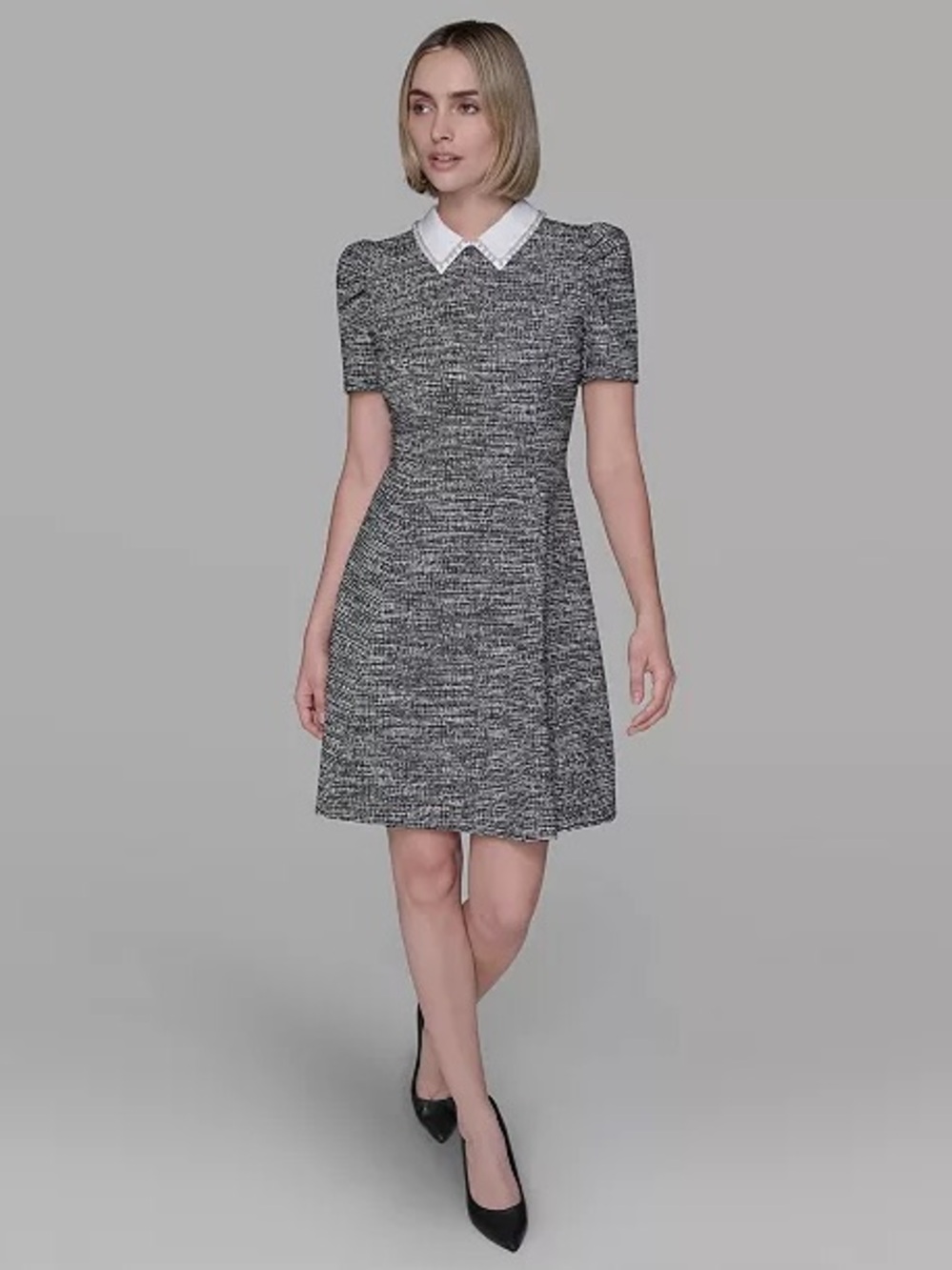 Karl Lagerfeld Paris Collared Tweed A-Line Dress Embellished Pearls Rhinestones - Picture 1 of 15